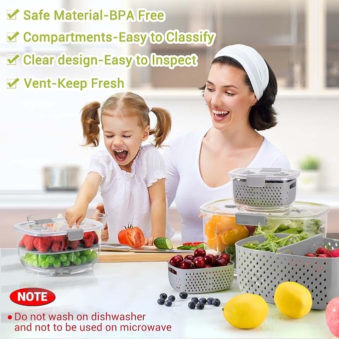 LUXEAR Fresh Produce Vegetable Fruit Storage Containers 3Piece Set, BPA-free Fridge Storage Container, Partitioned Salad Container, Fridge Organizers, Used in Storing Fruits Vegetables, Gray - Image 3