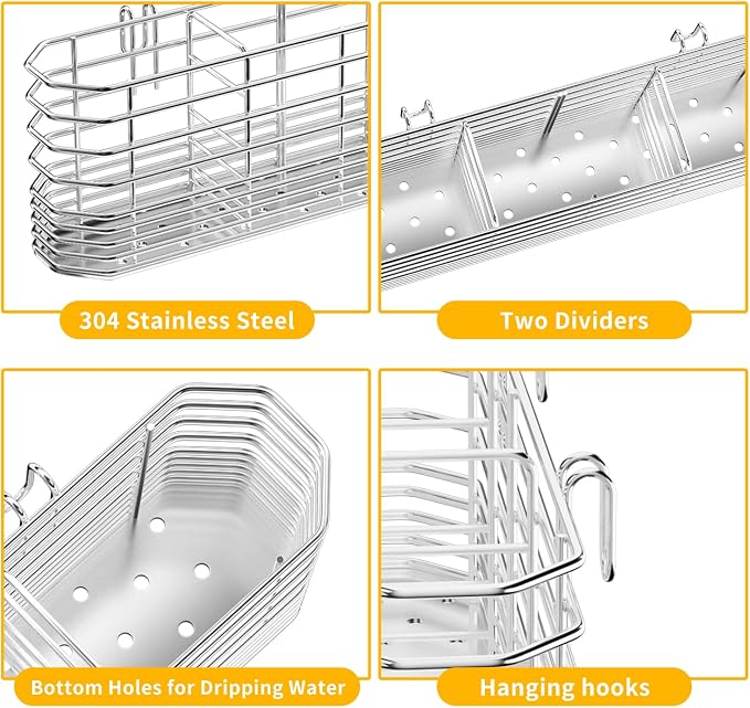 JAQ Utensil Holder for Sink, Sus304 Stainless Steel Rust Free Silverware Cutlery Flatware Holder Rack Organizer with Hooks for Dish Drying Rack Sink Dish Drainer in Kitchen Bathroom - Image 4