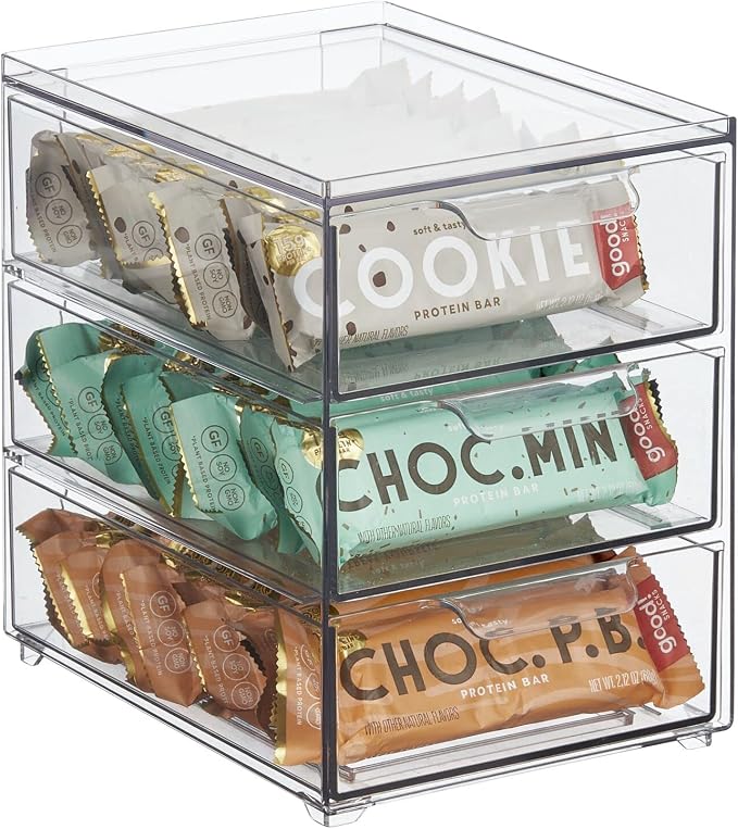 mDesign Plastic Stackable 3-Drawer Kitchen Storage Organizer - Bin with Divided Pull-Out Drawers for Pantry, Shelf, Fridge/Refrigerator, and Freezer Organization - Lumiere Collection - Clear by mDesign
