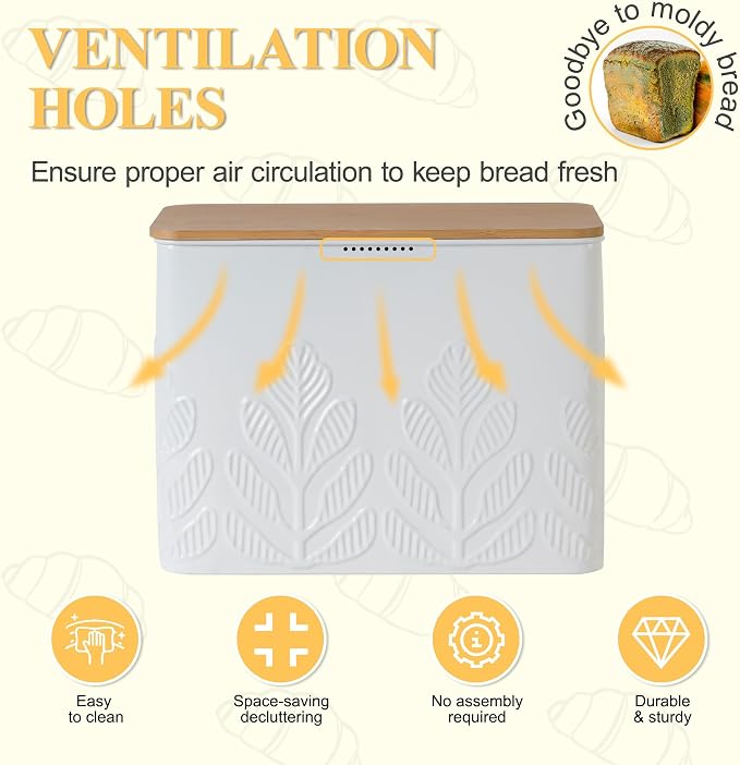 Extra Large Plant Pattern Embossed Bread Box with Bamboo Lid | Corner Breadbox for Homemade Bread, White Metal Bread Storage Container Bin for Kitchen Countertop, Fits 2 Loaves of Bread - Image 5
