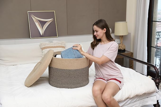 20x15 Inch Extra Large Round Cotton Rope Storage Basket with Lid, Decorative Woven Bin with Cover for Living Room Bedroom Closet, Jute & Black Mix - Image 8