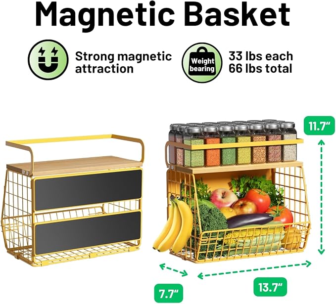 Magnetic Shelf for Fridge with Wood Lid, Fruit Potato and Onion Storage Bins, Pantry Organizers & Storage, Large Container Magnetic Spice Rack for Refrigerator, Kitchen Counter, Cabinet (Yellow, 2) - Image 5