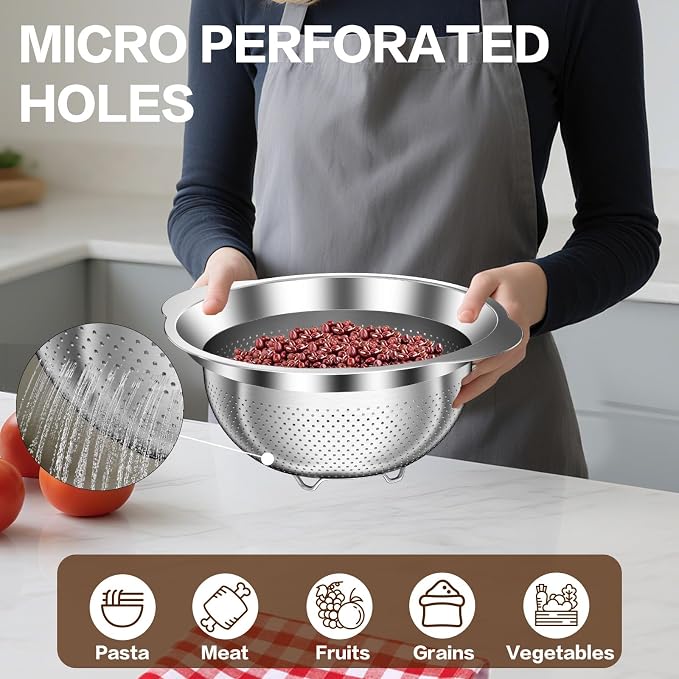 Stainless Steel Colander for Kitchen, Stainless Steel Strainer, Pasta Strainer for Spaghetti Fruit Cooking Food, 3 Pcs Strainers and Colanders(2QT, 3QT, 5QT), Dishwasher Safe, Kitchen Present - Image 6