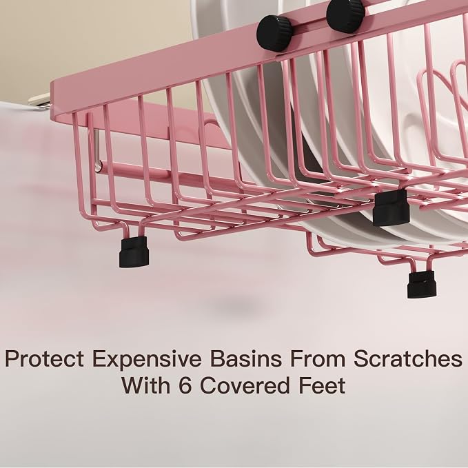 Pink Dish Drying Rack Over The Sink with Utensil Holder | Expandable Stainless Steel Dish Drainer for Small Kitchen, Apartment, RV, Counter Space Saving, Perfect Fit, Rustproof - Image 7