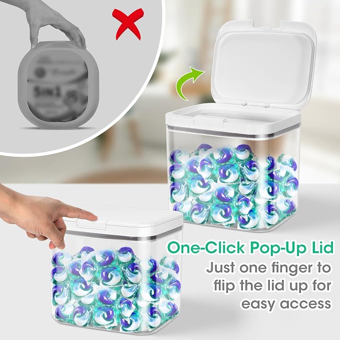 2 Pack Laundry Pods Container with One-Click Pop-up Lid 95 oz + 68 oz | Laundry Room Detergent Storage Containers for Laundry Powder, Scent Booster, Dryer Sheet, Dryer Ball, Dishwasher Pod Holder - Image 2