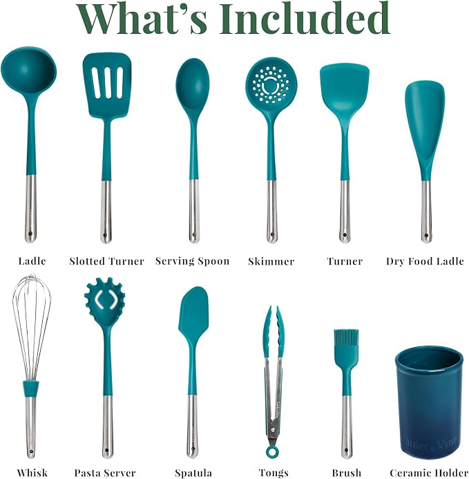 Larder & Vine 12-Piece Silicone Kitchen Cooking Utensils Set with Stainless Steel Handle and Ceramic Holder, Dishwasher Safe Set of Kitchen Essentials (Bondi) - Image 3