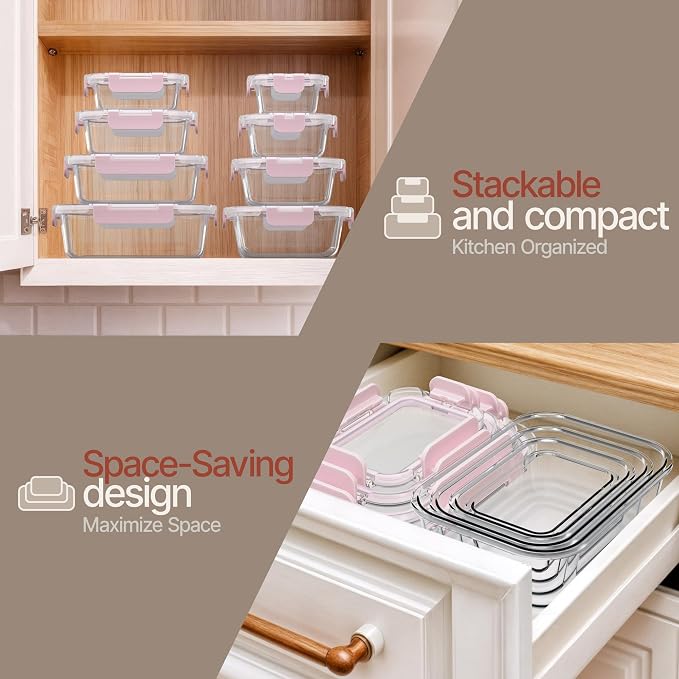 Bakken Borosilicate Glass Food Storage Containers with Lids 24 Pieces, BPA-Free Stackable Lunch & Leftover Containers, Microwave, Freezer & Dishwasher Safe, 100% Airtight Leak-Proof, Pink - Image 9