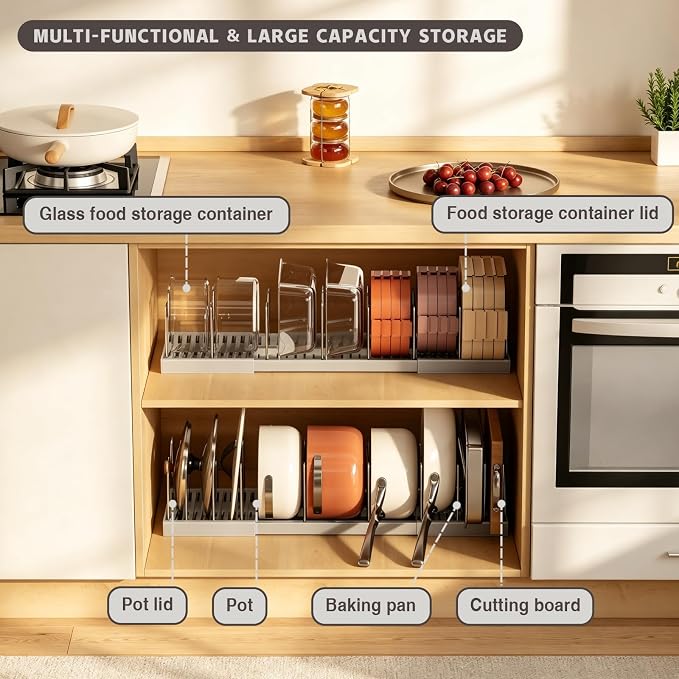 Magheo Pots and Pans Organizer Under Cabinet, Expandable 12.6"-22.8" Kitchen Cabinet Organizer Holder with 10 Adjustable Dividers for Food Storage Container Lid, Cookie Sheet, Cookware(1 Pack, Gray) - Image 3
