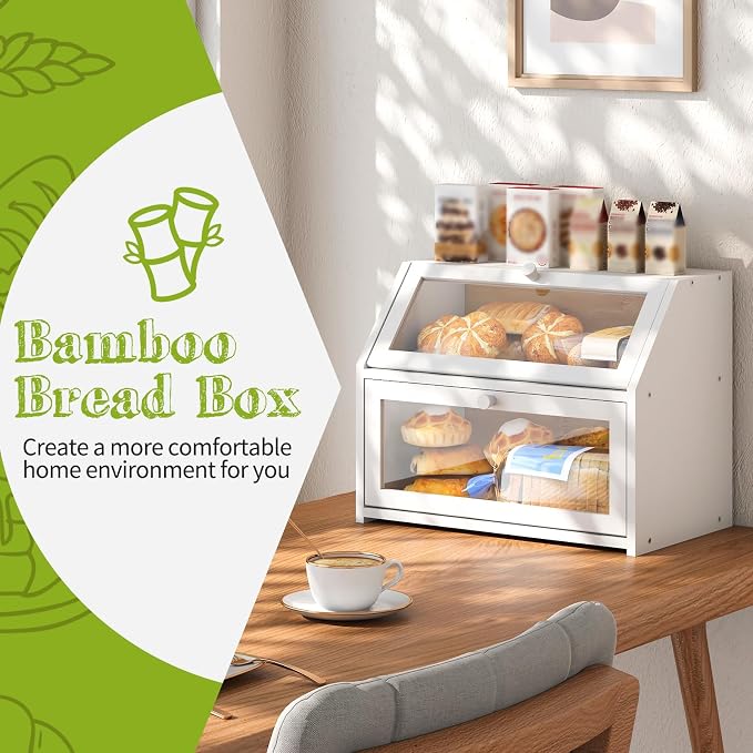 BMOSU Farmhouse Bread Box for Kitchen Countertop Bread box Double Layer Bamboo Wooden Extra Large Capacity Bin Kitchen Food Storage Container(White) - Image 2