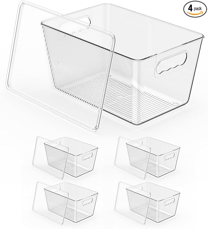 Clear Stackable Fridge Organizer with Lids, 4 Pack Large 11.5×7.5×6 Inch | Stackable clear storage containers with handles, pantry organizer for kitchen, fridge and freezer by KJIXYUNG
