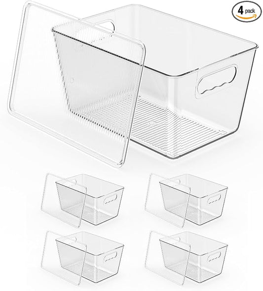 Clear Stackable Fridge Organizer with Lids, 4 Pack Large 11.5×7.5×6 Inch | Stackable clear storage containers with handles, pantry organizer for kitchen, fridge and freezer by KJIXYUNG