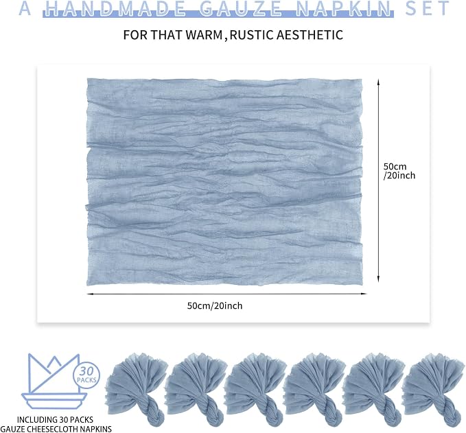 Teruntrue 30 Pack Dusty Blue Cheese Cloth Napkins Gauze Napkins Bulk Set of 30 Washable Boho Dinner Table Napkins for Wedding Party Baby Shower Birthday Party Decorations，20 x 20 Inch - Image 2