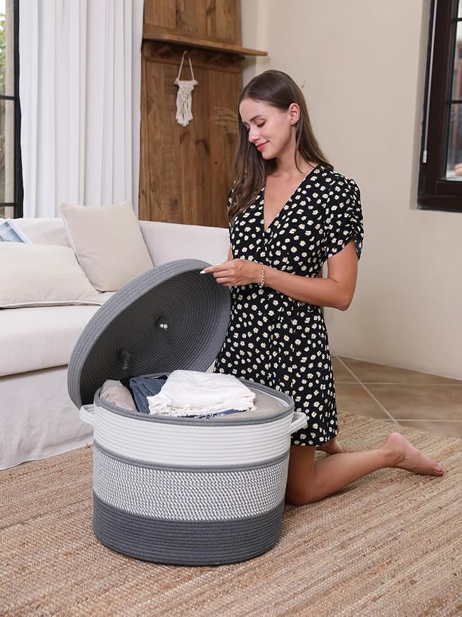 20x15 Inch Extra Large Round Cotton Rope Storage Basket with Lid, Decorative Woven Bin with Cover for Living Room Bedroom Closet, Grey Mix & Dark Grey - Image 6