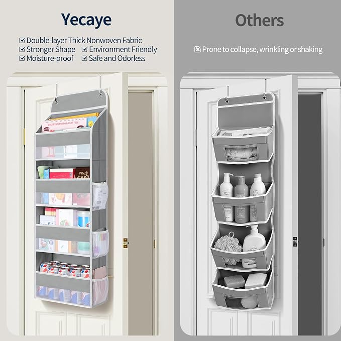 Yecaye Over The Door Organizer, Heavy Duty Hanging Organizers and Storage with 4 Large Capacity Pockets, Swing-Proof Behind The Door Storage for Bathroom Nursery Bedroom Dorm Closet, Grey,1Pc - Image 5