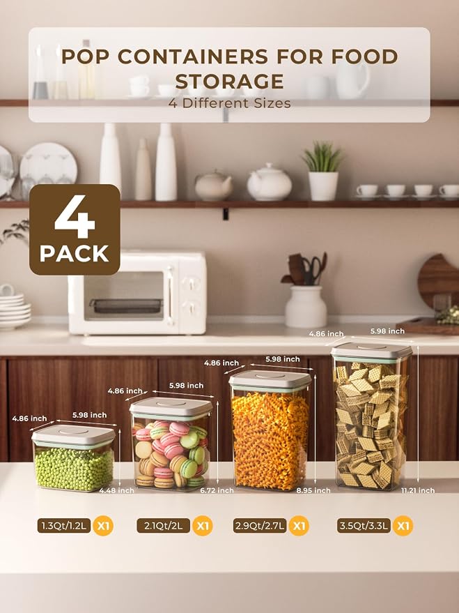 Airtight Food Storage Containers, 4-Piece Set, 1.3-3.5 Qt, Pop-Top Lids | Stackable Pantry Jars with Measurement Marks for Flour, Sugar, Cereal, Oats, Pasta, Snacks, Baking and Small Kitchen Storage - Image 4