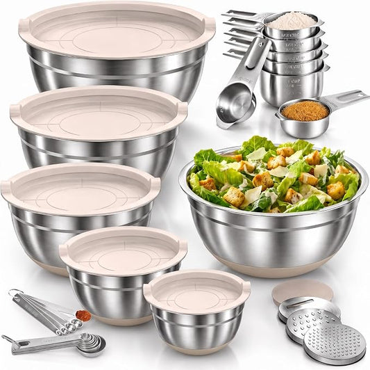 7QT 30PCS Mixing Bowls with Lids Set, 7QT to 1QT Stainless Steel Nesting Bowls with Graters, Non-Slip Silicone Bottom, Large Khaki Bowls & 21 Measuring Cups and Spoons Set Kitchen Appliances by YUNNKEEY