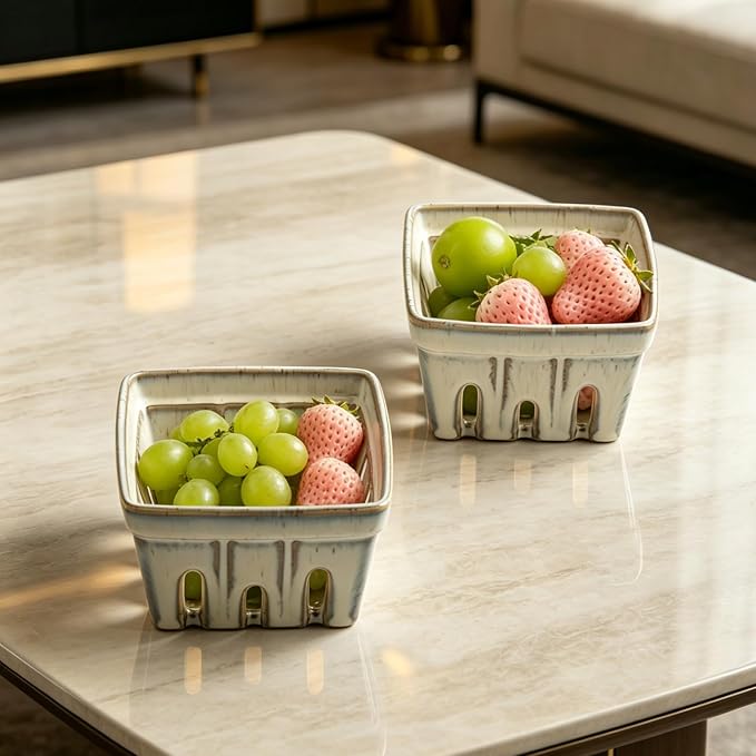 Ceramic Berry Basket, 6" Colander Set of 2 with Holes | Drainage holes help excess water flow away after washing berries, grapes, cherries, tomatoes, and fresh fruit - Image 5