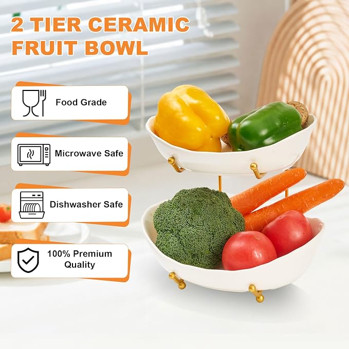 2 Tier Ceramic Fruit Bowl for Kitchen Counter | Fruit Rack with Gold Metal Stand, Fruit Holder for Fruit, Vegetables, Cake, Dessert, Bread Storage (White) - Image 4