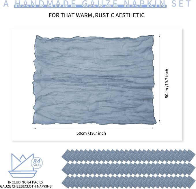 84 Packs Gauze Cheesecloth Napkins 20 x 20 Inch Dusty Blue Wrinkled Dinner Napkins, Rustic Boho Soft Cloth Napkin for Wedding Party Event Dinner Table Decoration - Image 2