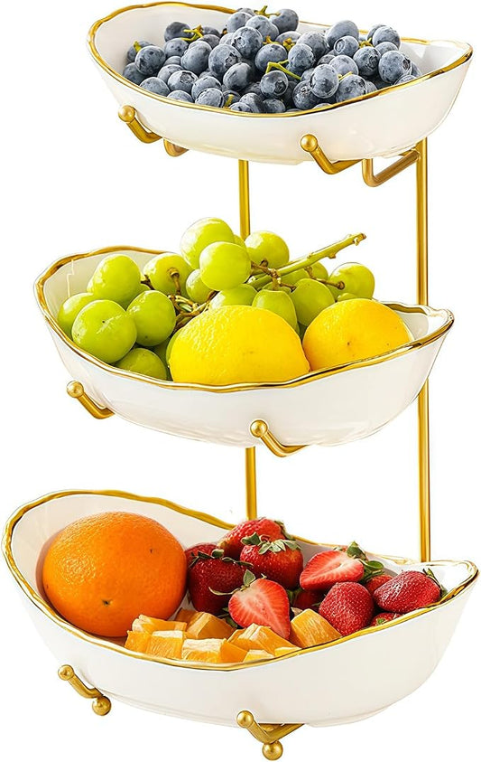 Ceramic Fruit Bowl for Kitchen Counter - 3 Tier Fruit Basket with Metal Stand, Tiered Fruit Stand for Countertop, Snack, Nuts, Cake, Dessert, Cute (Gold-rimmed, Small) by MakeYourHomeCozier%EF%BC%81