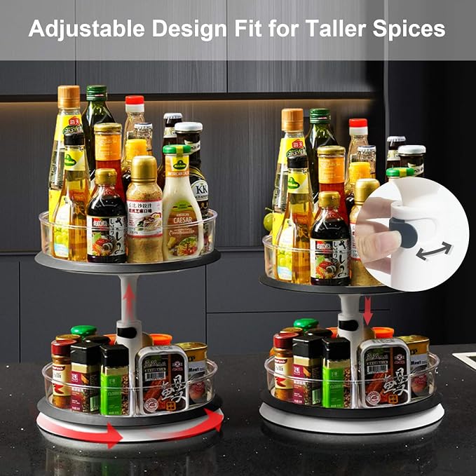 2 Tier Lazy Susan Turntable Kitchen Spice Rack Organizer for Cabinet Rotating Carousel Lazy Susan for Table Spice Storage Pantry Organization Height Adjust & Detachable Large Plastic Clear Bins - Image 2