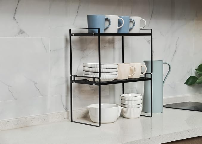 Shantton Cabinet Shelf Organizer, Pantry Shelf Rack, Black 16x8.3x9.5 | 2-Pack Stackable Metal Riser Holds 40LBS with Non-Slip Feet for Kitchen Pantry Bathroom Countertop Freezer Cupboard - Image 2