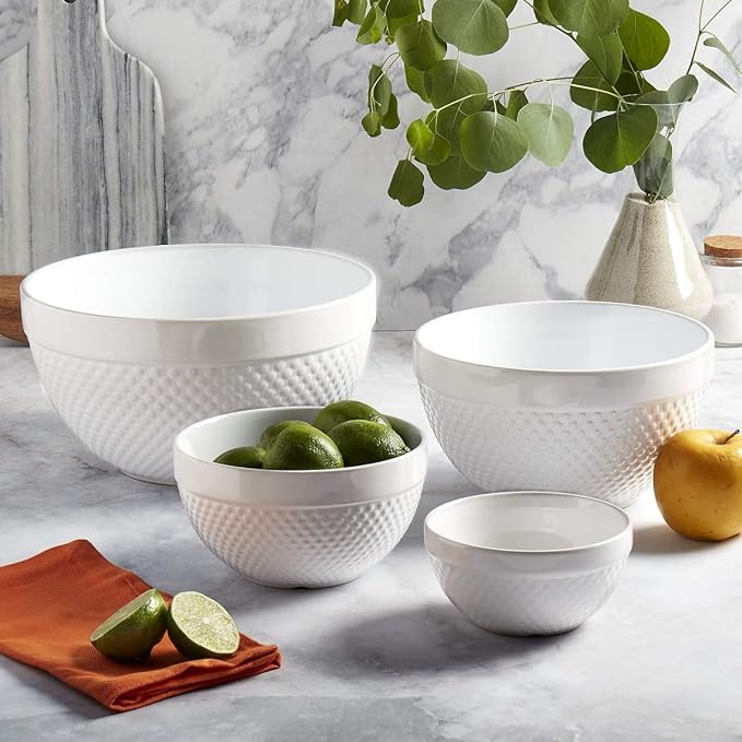 Tabletops Gallery Hobnail Style 4 Piece Classic White Stoneware Nesting Mixing Bowl Set for Baking and Cooking - Image 6