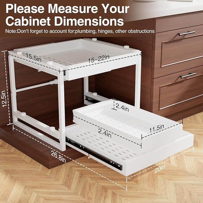 2-Tier Expandable Pull Out Cabinet Organizer, Heavy Duty Adjustable Width Metal Slide Out Shelf, No Screw Cabinet Storage Rack for Kitchen Bathroom 17in Depth Cabinet（White） - Image 2