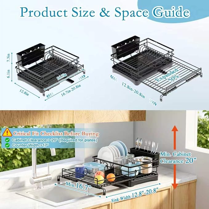 Expandable Dish Drying Rack for Kitchen Counter, Large Capacity Dish Rack with 360° Rotatable Drain Spout & Utensil Holder, Stainless Steel Dish Drainer for Kitchen Sink, Black - Image 8