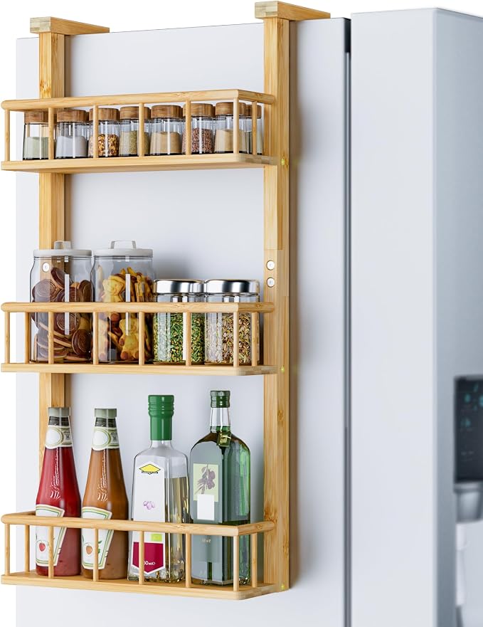 Hanging Spice Rack for Refrigerator - 3 Tier Bamboo Kitchen Counter Shelf Organizer for Can Seasoning Storage, Adhesive to Fridge & Pantry Side by ZriBamboo