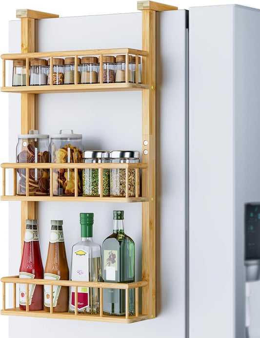 Hanging Spice Rack for Refrigerator - 3 Tier Bamboo Kitchen Counter Shelf Organizer for Can Seasoning Storage, Adhesive to Fridge & Pantry Side by ZriBamboo