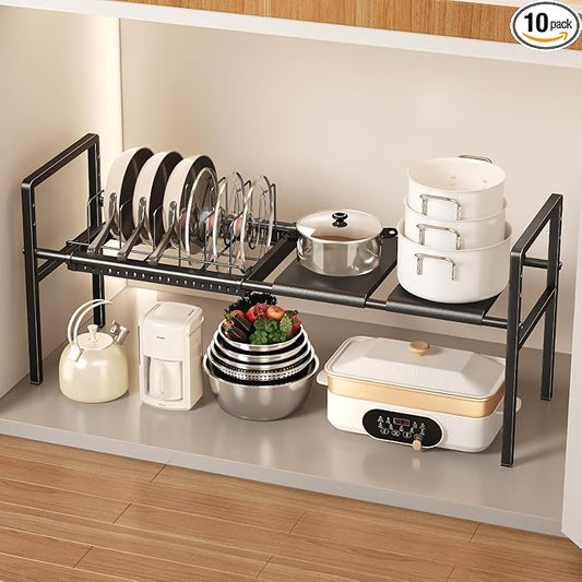 Mustorn Pots and Pans Organizer Under Cabinet, Expandable 1 Tier Under Sink Organizers and Storage Adjustable Height Kitchen Pot and Pan Lid Holder Rack with 6 Dividers Under Cabinet Shelf(Black) by MUSTORN