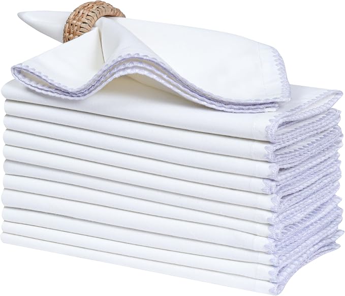 Bedding Craft Cotton Cloth Dinner Napkins Set of 12 – 18x18 Lavender Blue Napkins with Colored Edge Embroidery – Washable Fabric Napkins for Wedding Table Décor, Restaurants, Events & Everyday Dining - Image 5