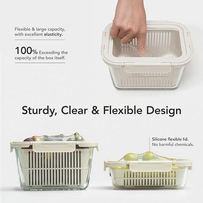 Glass Produce Storage Containers for Fridge, 2-Pack – Airtight Fruit & Vegetable Containers with Removable Colanders, Flexible Silicone Lids,LeakProof, BPA-Free Borosilicate Glass - Image 2