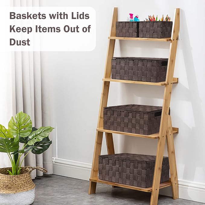 Storage Baskets with Lids: 5 Pack Stackable Woven Storage Bins, Brown | Decorative Woven Baskets for Organizing with Built-In Handles for Shelves, Closets, Cabinets and Cubbies, Gift Small Basket - Image 3