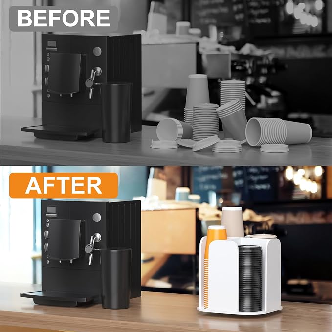 Beego Rotatable 4-Compartment White Acrylic Cup Dispenser - Coffee Station Cup and Lid Carousel Countertop Plastic Cup Holder for Restaurant Breakroom Coffee Bar - Image 6