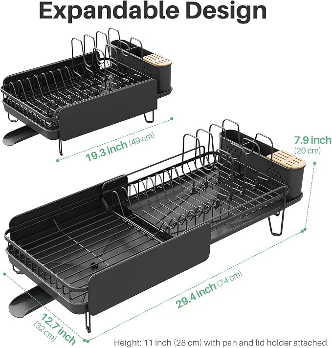 Large Expandable Dish Drying Rack for Kitchen Counter, 19.3-29.4 in, Black | Family Size Capacity, Adjustable Dividers for Pan, Lid & Cutting Board, Stainless Steel, Rotating Spout, Utensil Holder - Image 3