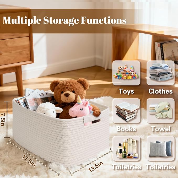3 Pack Large Storage Basket for Organizing, 17.5"x13"x7" Woven Basket for Shelves, Closet Cube Storage Bins with Wrapped Handle, Cotton Rope Baskets for Kitchen, Clothes, Toys(Off White) - Image 3