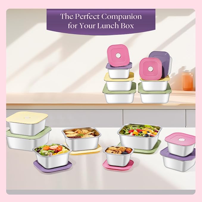 8-Piece Stainless Steel Food Storage Containers Set with 4 Colorful Lids – Airtight & Leakproof for Meal Prep, Lunch, Leftovers – BPA-Free, Dishwasher Safe – Durable Kitchen & Office Organizers - Image 4