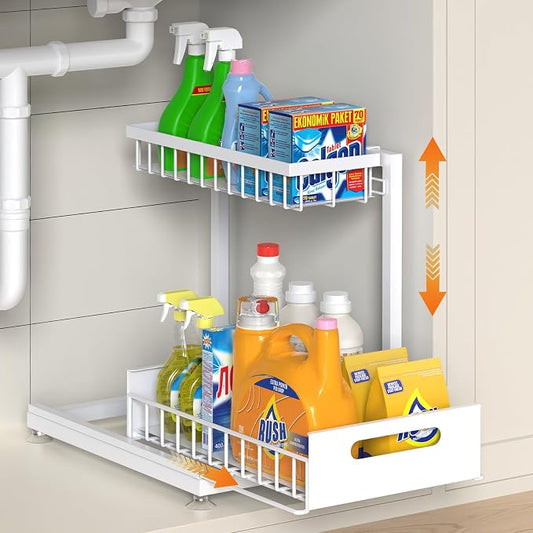L-Shaped Under Sink Organizer, 2-Tier Pull-out Cabinet Rack 1-Pack | White Height-Adjustable Steel Rack, Sliding Grid Drawers with PP Liners, Holds 100 Lbs, Suction Base, Ideal Kitchen Storage by Saydear