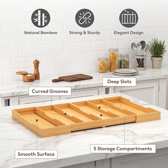 Lifewit Utensil Drawer Organizer, Expandable Kitchen Tool Tray, Wood Adjustable Flatware and Spatula Storage Divider, 17.8-28.3 x 17 x1.8 - Image 9