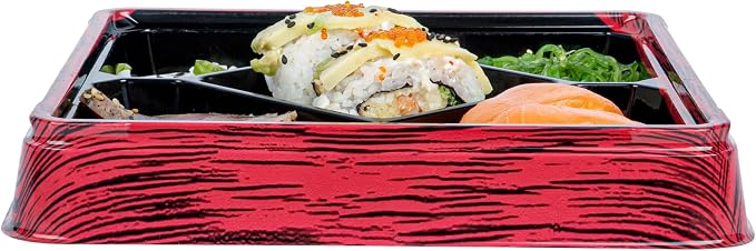 Restaurantware Bento Tek 18.6 Ounce Meal Prep Containers, 100 Disposable To Go Food Boxes - Lids Sold Separately, 5 Compartments, Red And Black Plastic Bento Lunch Boxes, Freezable, For Take Out - Image 9