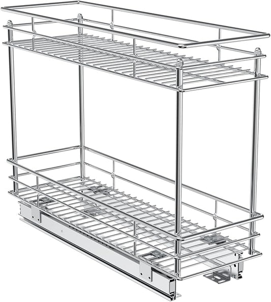 ROOMTEC Pull Out Cabinet Organizer for Narrow Cabinet (5" W X 21" D), Kitchen Cabinet Organizer and Storage 2-Tier Cabinet Pull Out Shelves Under Cabinet Storage for Kitchen, Chrome by ROOMTEC