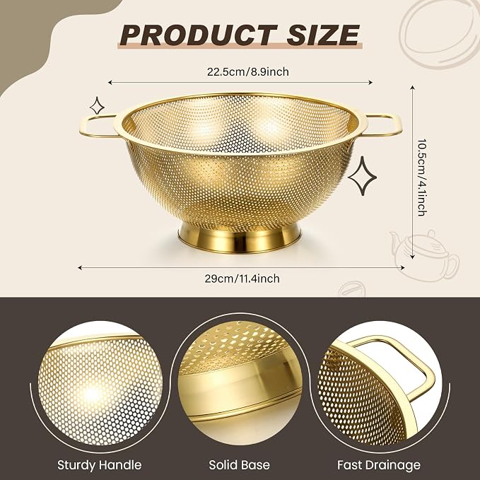Norme 3 Quart Stainless Steel Gold Colander Gold Fine Mesh Strainer, Stainless Steel Pasta Rice Food Metal Strainer with Handles, Easy Clean and Dishwasher Safe - Image 3