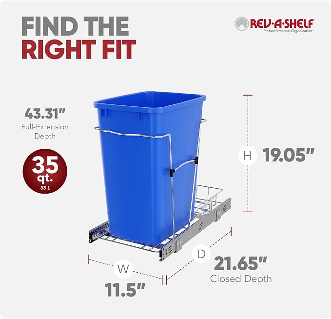 Rev-A-Shelf Pullout Trash Can for Under Kitchen Cabinets 35 Qt Garbage Waste Recyling Bin with Full Extension Slides, Blue, RV-12KD-22C-S - Image 3