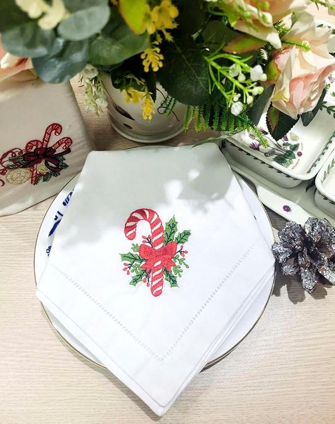 – Embroidered Cloth Napkin Candy Christmas Design, Set of 6 100% Cotton Hemstitch Table Napkins 18x18, Machine Washable – Festive Holiday & Everyday Dining, Great Gift Ideas - Image 2