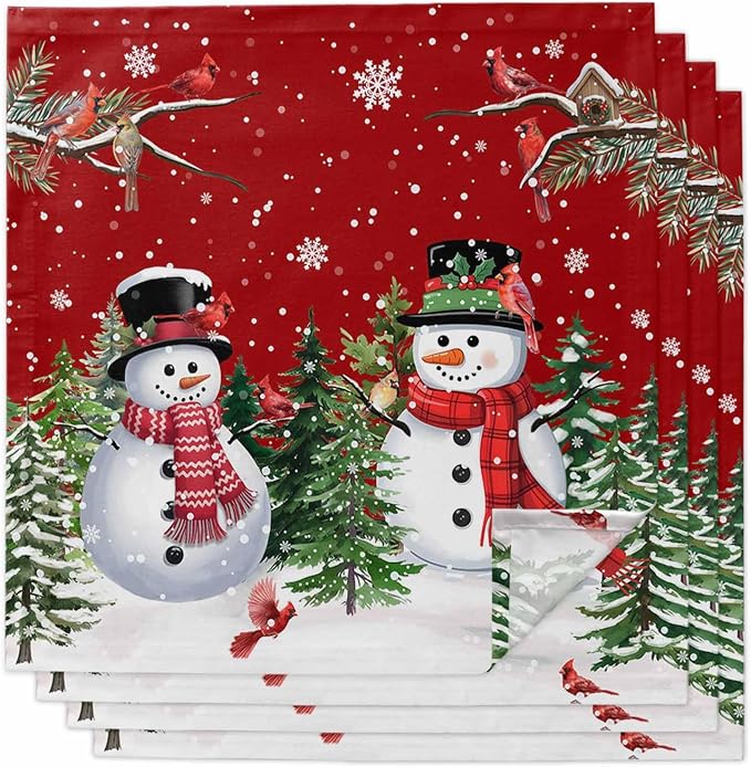 Red Snowman Christmas Cloth Napkins, Washable and Reusable Dinner Napkins Set of 4, Xmas Tree Snowflake Winter Birds Table Napkin for Kitchen Party Birthday Wedding Hotel Housewarming 20''x20'' by Unknown