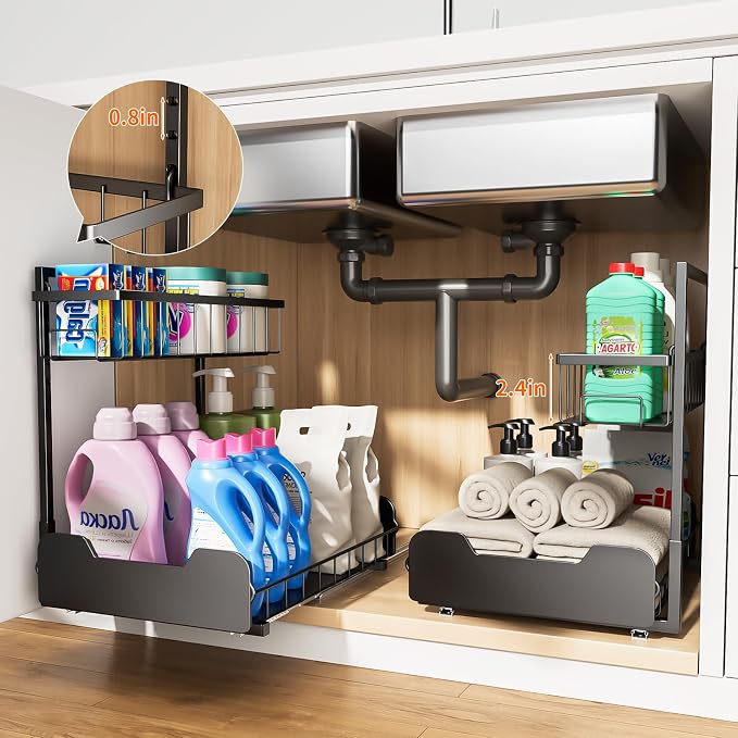 Under Sink Organizer, 2-Tier L-Shaped Pull Out Cabinet Shelf with 2 Installation Methods, Adjustable Sliding Storage Drawer for Kitchen, Bathroom, Laundry, Metal, Black - Image 5