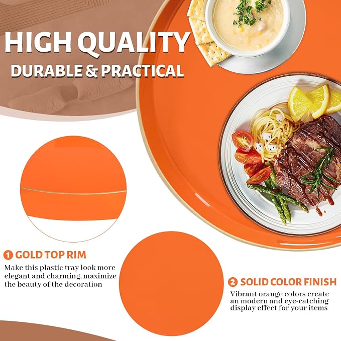 13" Orange Decorative Tray, Plastic Round Serving Tray with Handles | Decorative Tray for Coffee Table, Modern Ottoman Tray, Circle Tea Tray, Round Melamine Tray for Living Room, Bathroom - Image 3