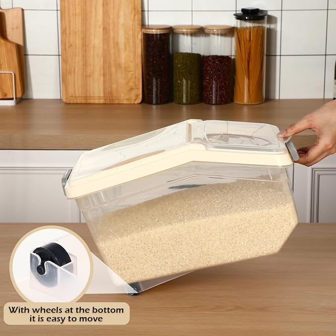 4 Pcs Rice Storage Containers Bulk Flour Sugar Container Wheels Measuring Cups Set Airtight Pet Dog Cat Birds Food Bin Grain Cereal Organizer Box for Dry Baking(Beige,22 lb) - Image 4
